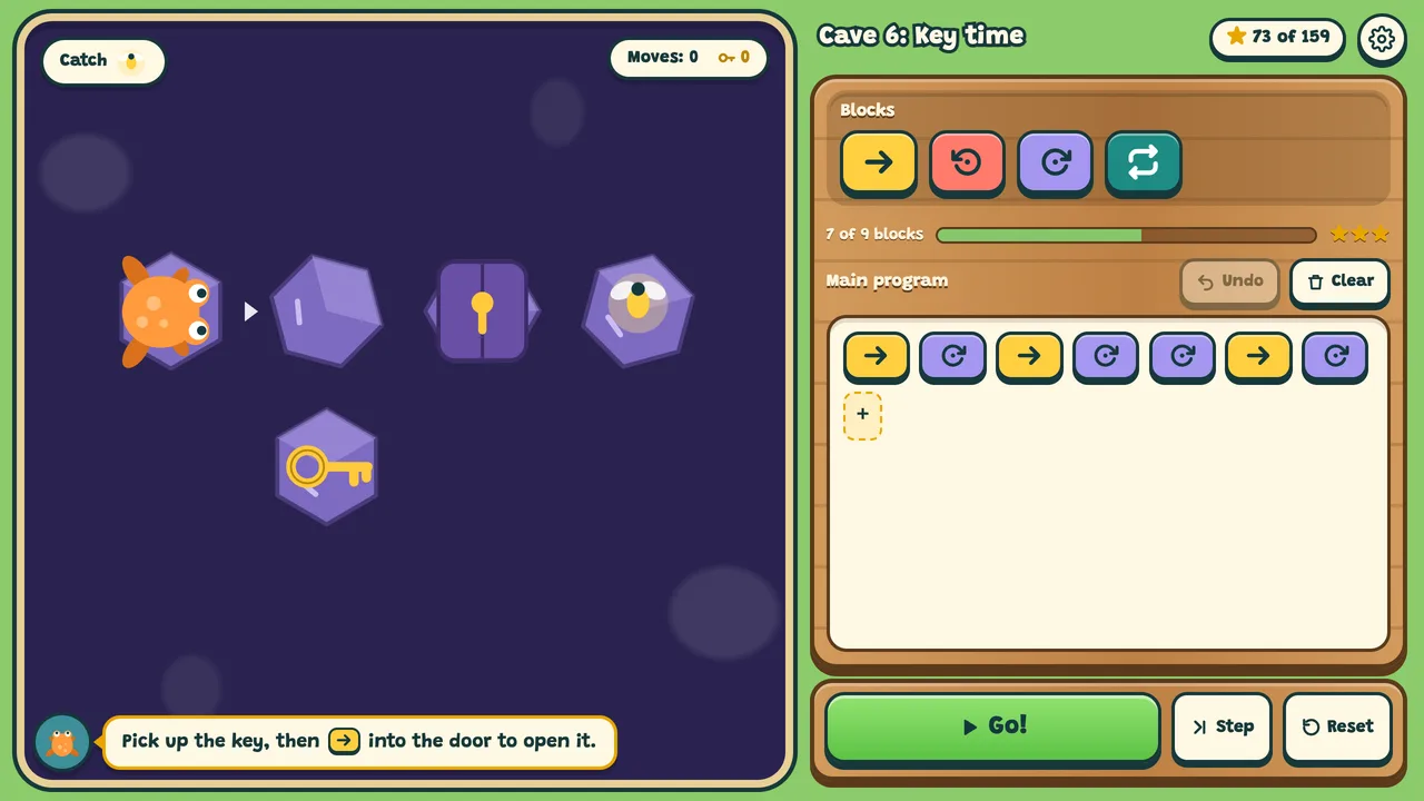 Crystal Caves: a key, a locked door and a firefly, with a program being built.
