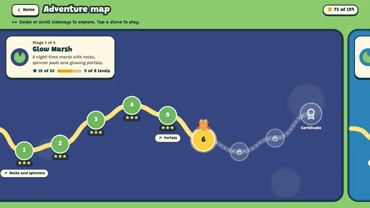 The adventure map: a winding path of numbered stones with stars, and Pip waiting at the next one.