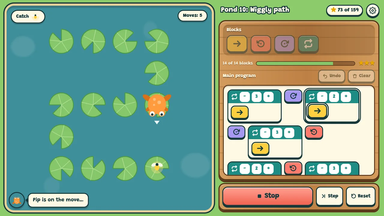 A level of Pip's Pond: Pip partway along a winding path of lily pads towards a firefly, with a program of Repeat blocks and turns beside the pond.