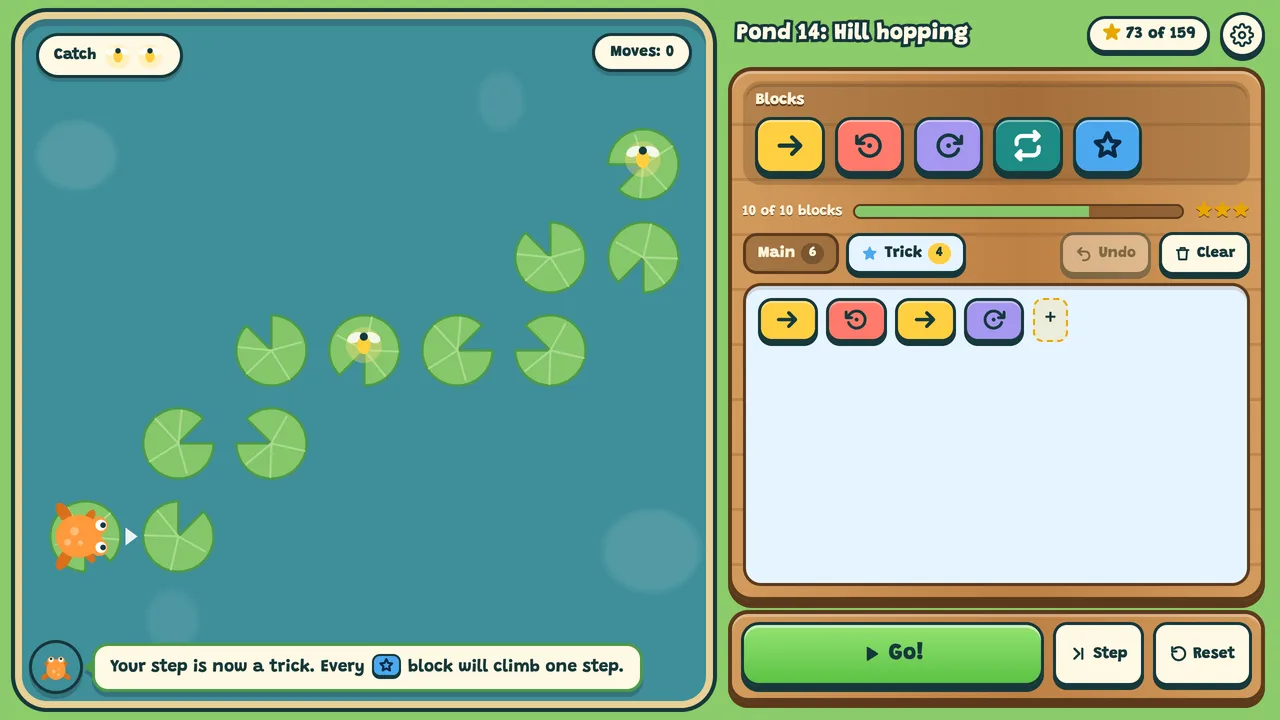 A hill of lily pads and a trick of four blocks that climbs one step.